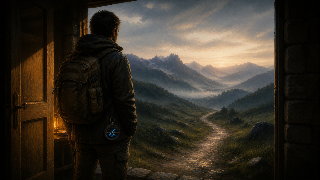 Montañero en el umbral de un refugio, mirando el camino que comienza